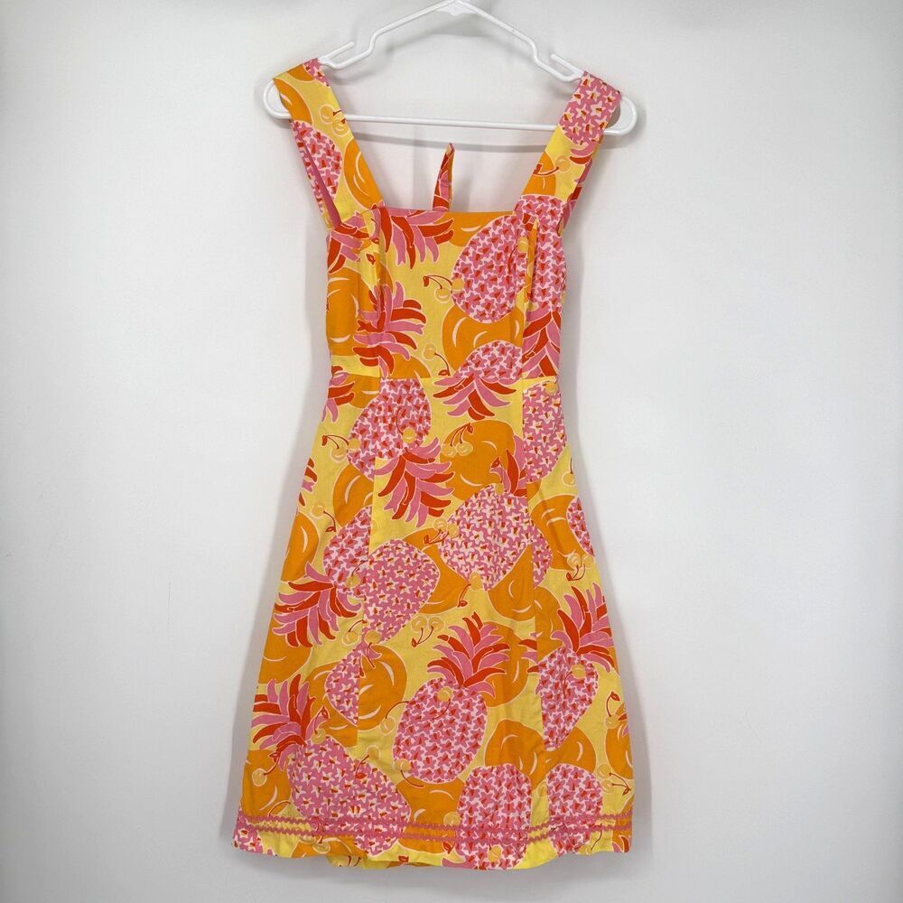 Lilly Pulitzer Vintage Tie Back Pineapple Dress Yellow Pink Preppy Sundress Sz 4